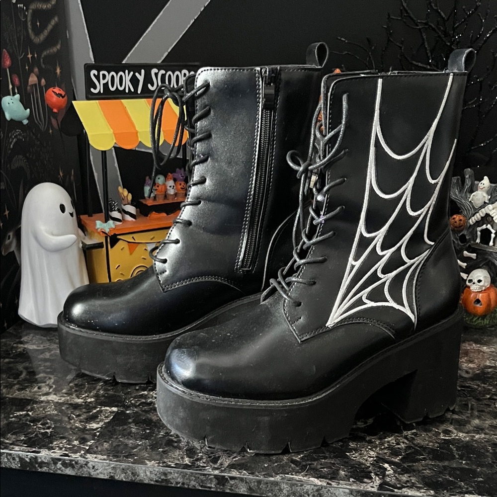 Hot Topic Black Combat Boots with White Spider Web